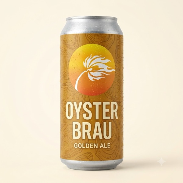 Oyster Brau can — golden label with oyster-shell pattern and palm-flame logo, Golden Ale