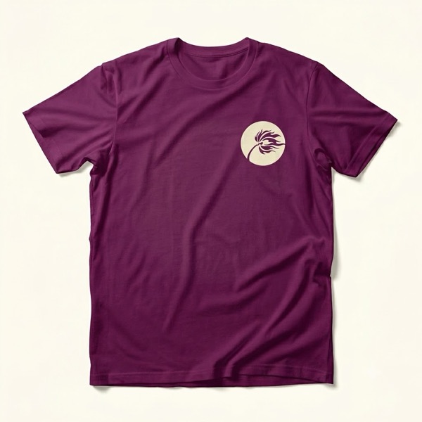 Plum t-shirt with cream palm-flame logo printed on the chest